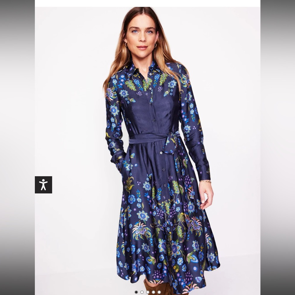 Boden Kate Satin Shirtdress Size 2 NWT Blue, Blossom Flourish
